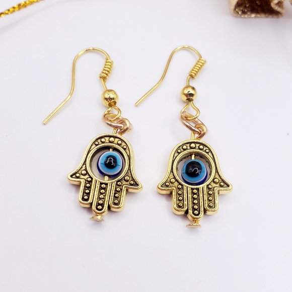 Mini Hamsa Hand Earrings Fatima Hand Pendant Yoga Spirit Buddha Evil Eye - Picture 7 of 8